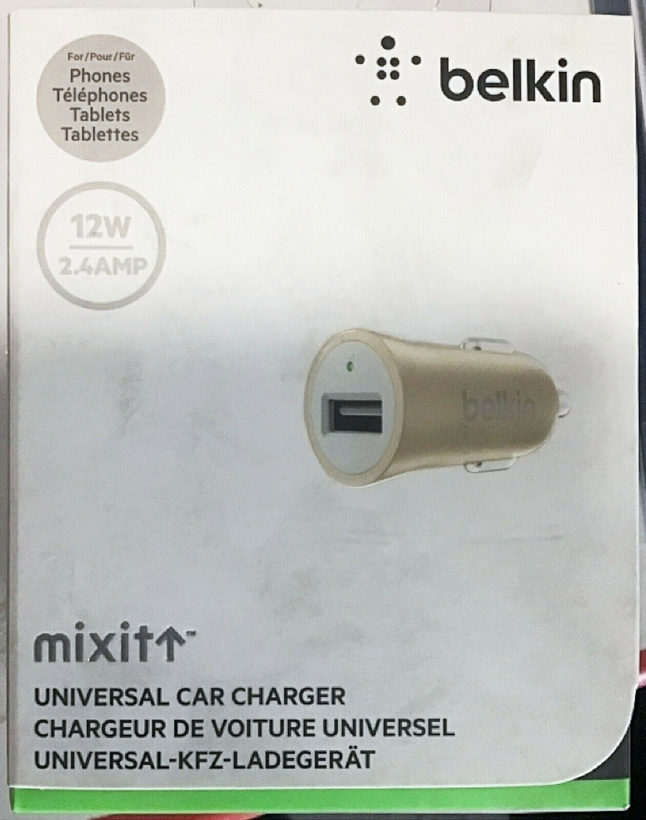 Belkin MIXIT USB Car Charger Fast Charge 40% Faster 12W 2.4amp Gold