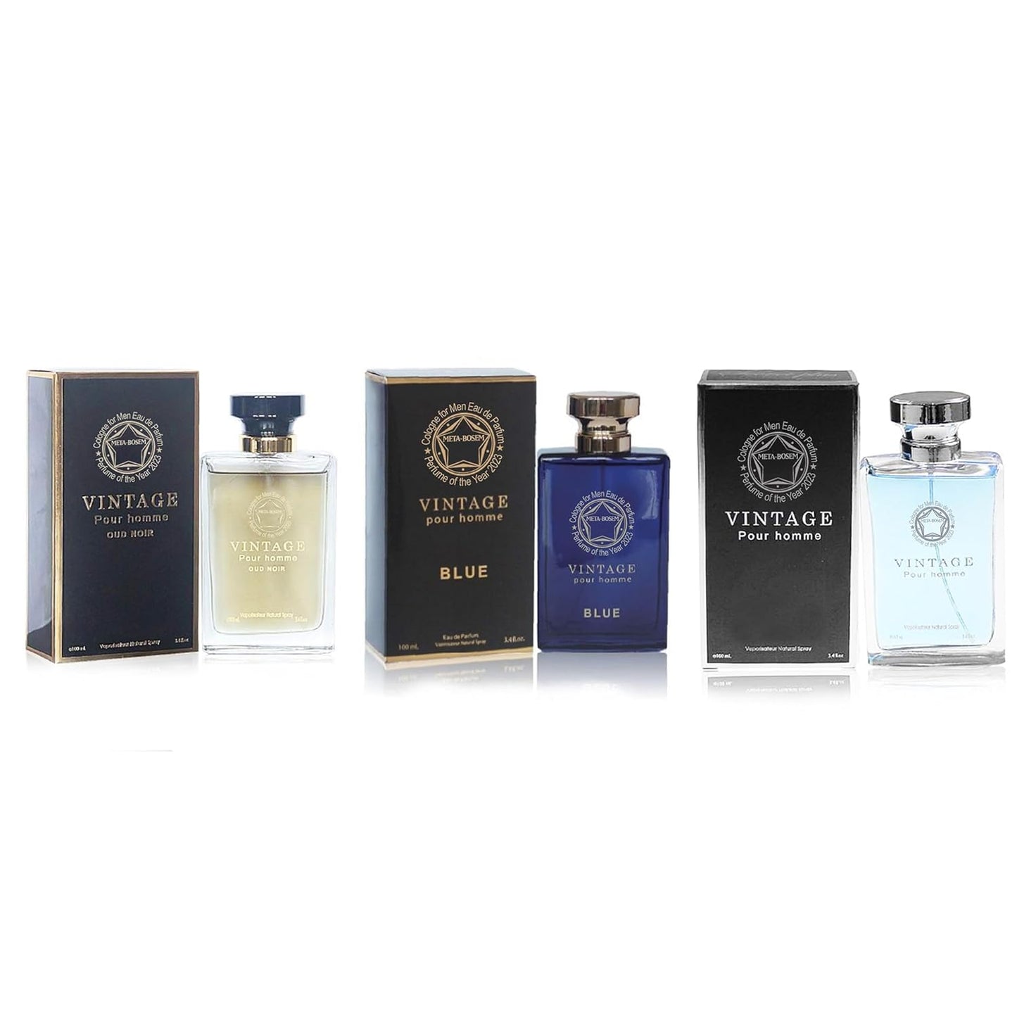 META-BOSEM Vintage Pour Homme Men's Cologne Collection (Blue+Pour Homme+Oud Noir), Eau de Parfum Natural Spray - Woody Fresh Scents - Holiday Gift Set (Pack of 3) Each 3.4 Fl Oz, Total 10.20 Fl Oz