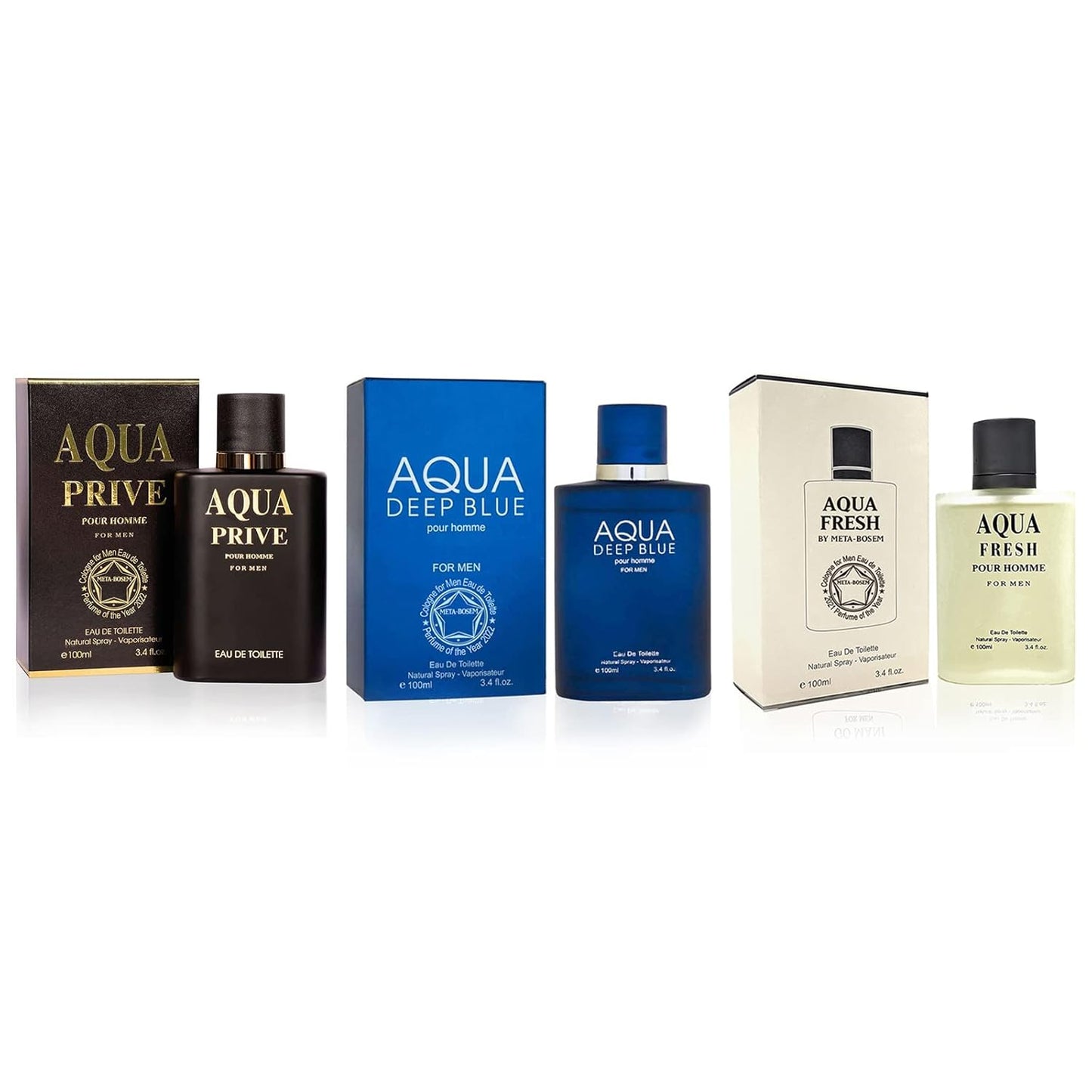 META-BOSEM Aqua Prive+Aqua Deep Blue+Aqua Fresh Men's Cologne Collection, Eau de Toilette Natural Spray - Marine Notes - Holiday Gift Set (Pack of 3) Each 3.4 Fl Oz, Total 10.2 Fl Oz