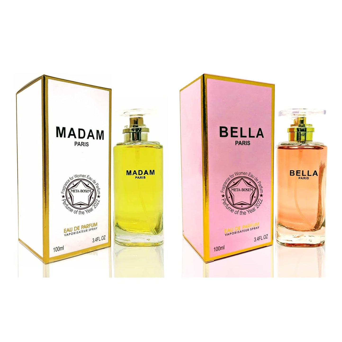 META-BOSEM Madam Paris+Bella Paris Women Perfume Collection, Eau de Parfum Natural Spray - Floral Scent - Classic Vanilla Notes - Holiday Gift Set (Pack of 2) Each 3.4 Fl Oz, Total 6.8 Fl Oz