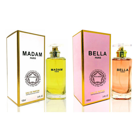 META-BOSEM Madam Paris+Bella Paris Women Perfume Collection, Eau de Parfum Natural Spray - Floral Scent - Classic Vanilla Notes - Holiday Gift Set (Pack of 2) Each 3.4 Fl Oz, Total 6.8 Fl Oz