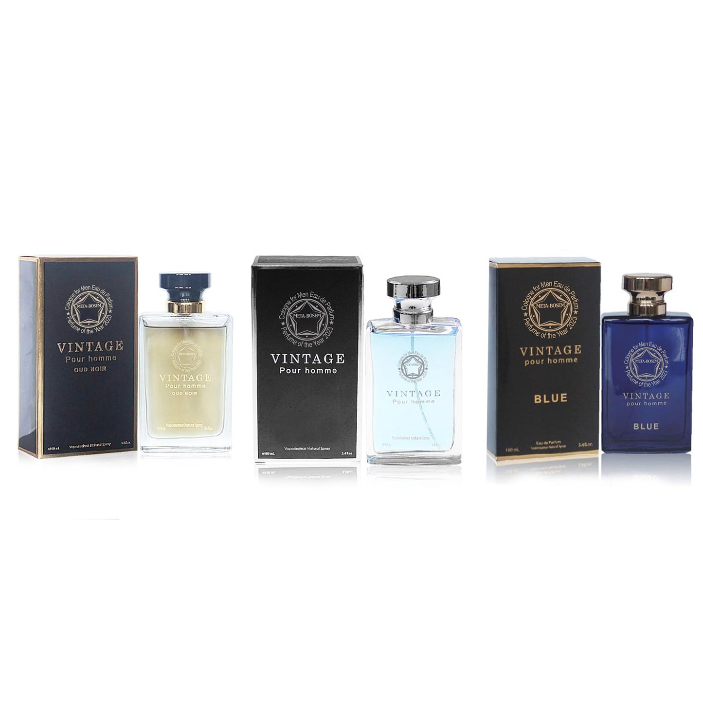 META-BOSEM Vintage Pour Homme Men's Cologne Collection (Blue+Pour Homme+Oud Noir), Eau de Parfum Natural Spray - Woody Fresh Scents - Holiday Gift Set (Pack of 3) Each 3.4 Fl Oz, Total 10.20 Fl Oz
