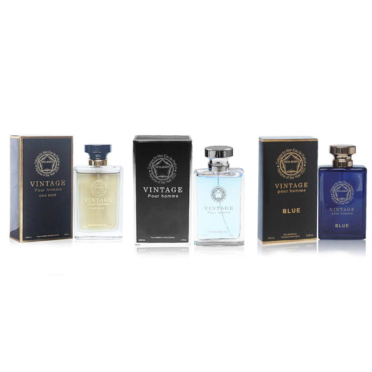 META-BOSEM Vintage Pour Homme Men's Cologne Collection (Blue+Pour Homme+Oud Noir), Eau de Parfum Natural Spray - Woody Fresh Scents - Holiday Gift Set (Pack of 3) Each 3.4 Fl Oz, Total 10.20 Fl Oz