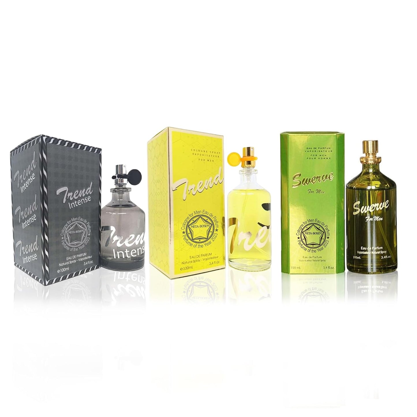 META-BOSEM Trend+Trend Intense+Swerve -3Pc Cologne for Men Fragrance Collection, Eau de Parfum Natural Spray - Citrus Notes - Holiday Gift Set (Pack of 3) Each 3.4 Fl Oz, Total 10.20 Fl Oz