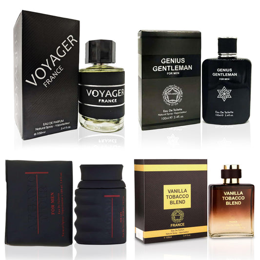 META-BOSEM Voyager+Genius Gentleman+Afgano Noir+Vanilla Tobaco 4Pc Set Men's Cologne bottle Collection, Eau de Toilette Spray - Fresh Aromatic Scent - Holiday Gift (Pack of 4) Each 3.4 Fl Oz, Total 1