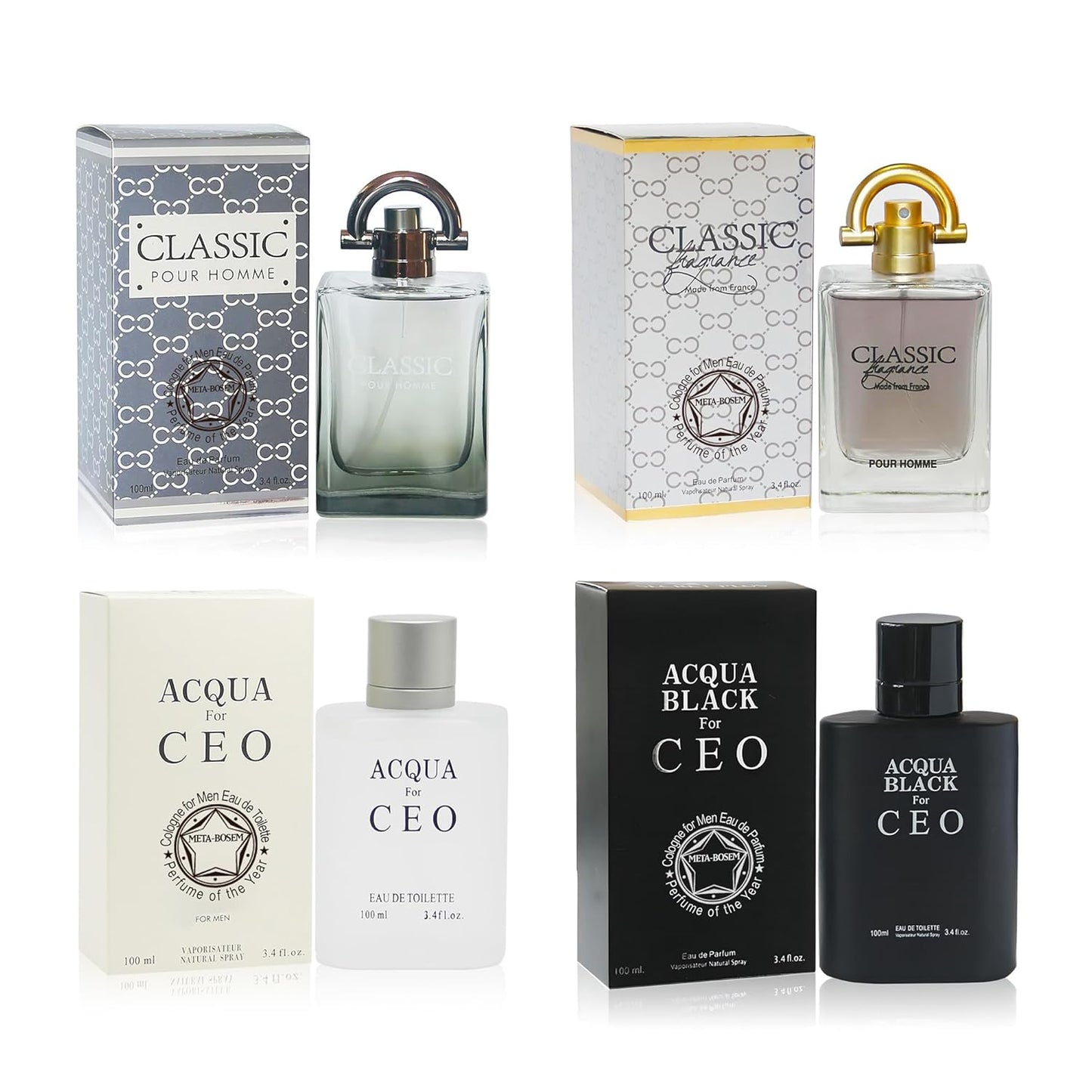 META-BOSEM 4Pc Set Cologne for Men (Classic+Classic France+Acqua White+Acqua Black) Collection Fragrance, Eau de Parfum Spray - Masculine Scent - Holiday Gift (Pack of 4) Each 3.4 Fl Oz, Total 13.60 Oz