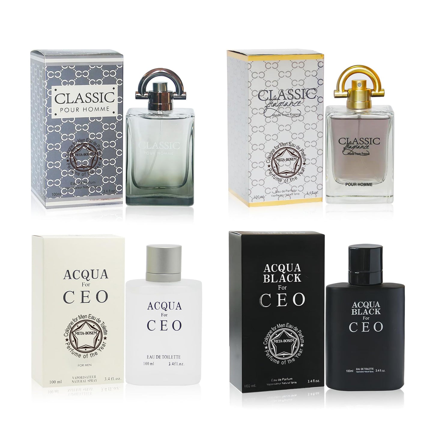 META-BOSEM 4Pc Set Cologne for Men (Classic+Classic France+Acqua White+Acqua Black) Collection Fragrance, Eau de Parfum Spray - Masculine Scent - Holiday Gift (Pack of 4) Each 3.4 Fl Oz, Total 13.60 Oz