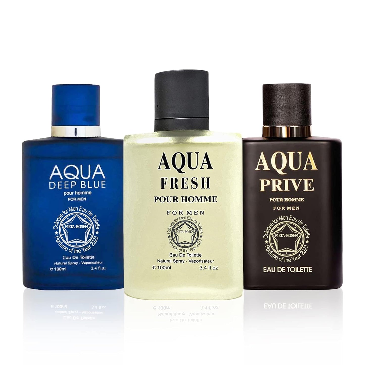 META-BOSEM Aqua Prive+Aqua Deep Blue+Aqua Fresh Men's Cologne Collection, Eau de Toilette Natural Spray - Marine Notes - Holiday Gift Set (Pack of 3) Each 3.4 Fl Oz, Total 10.2 Fl Oz