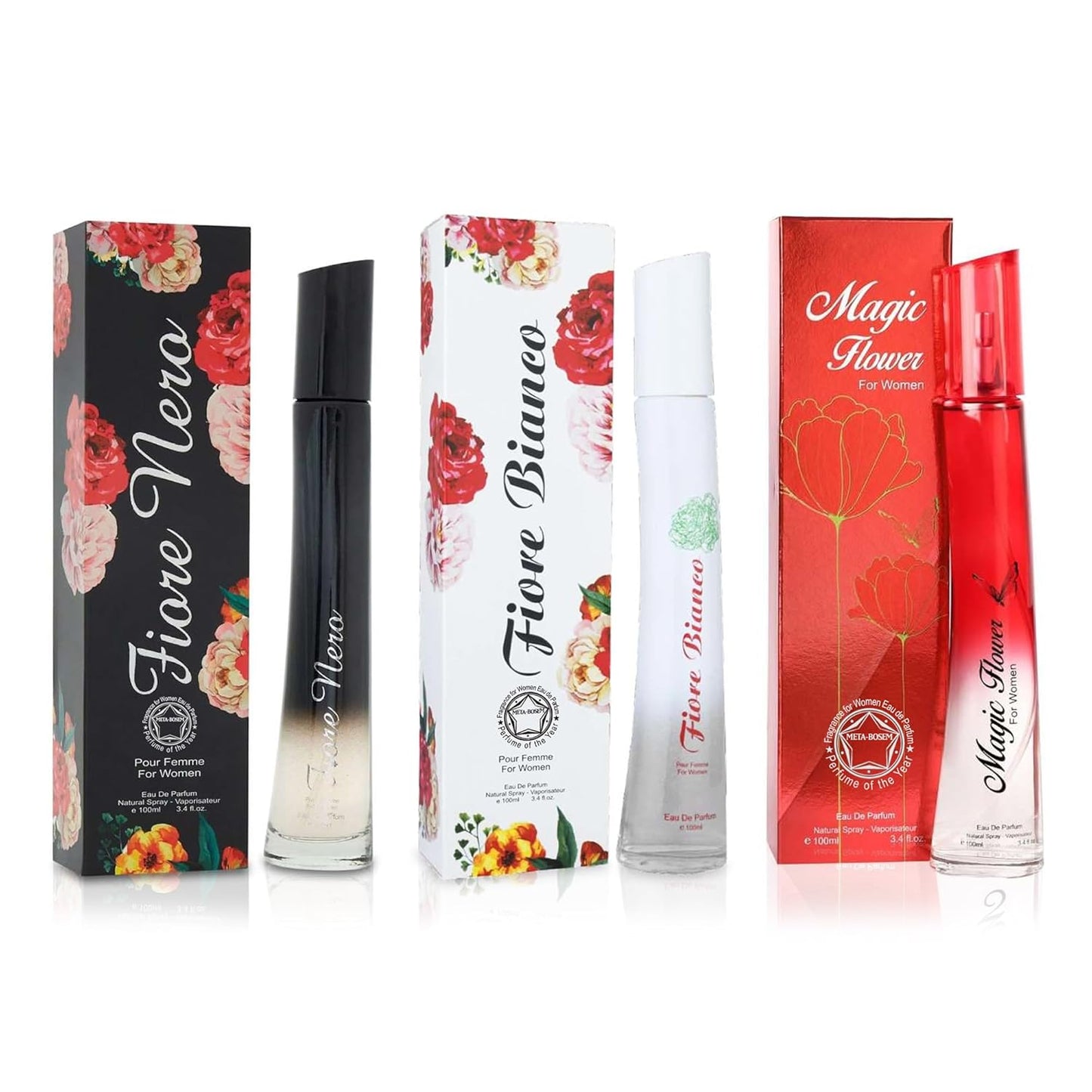 META-BOSEM Flower by Rose+Pink+Noir, 3Pc Perfume Set Collection for Women Fragrance Bottles for Ladies, Eau de Parfum Natural Spray - Feminine Scent (Pack of 3) Each 3.4 Fl Oz, Total 10.20 Fl Oz