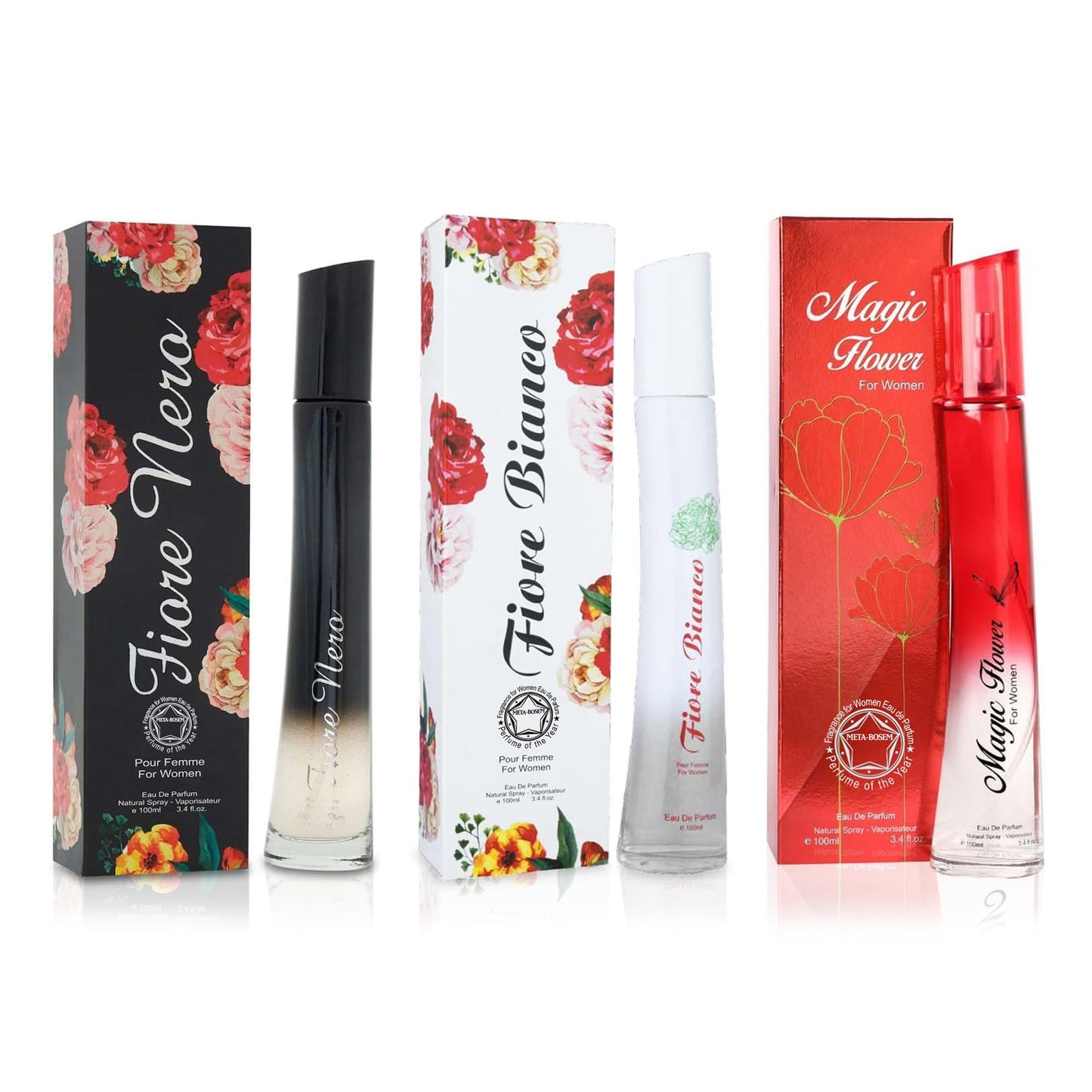 META-BOSEM Flower by Rose+Pink+Noir, 3Pc Perfume Set Collection for Women Fragrance Bottles for Ladies, Eau de Parfum Natural Spray - Feminine Scent (Pack of 3) Each 3.4 Fl Oz, Total 10.20 Fl Oz