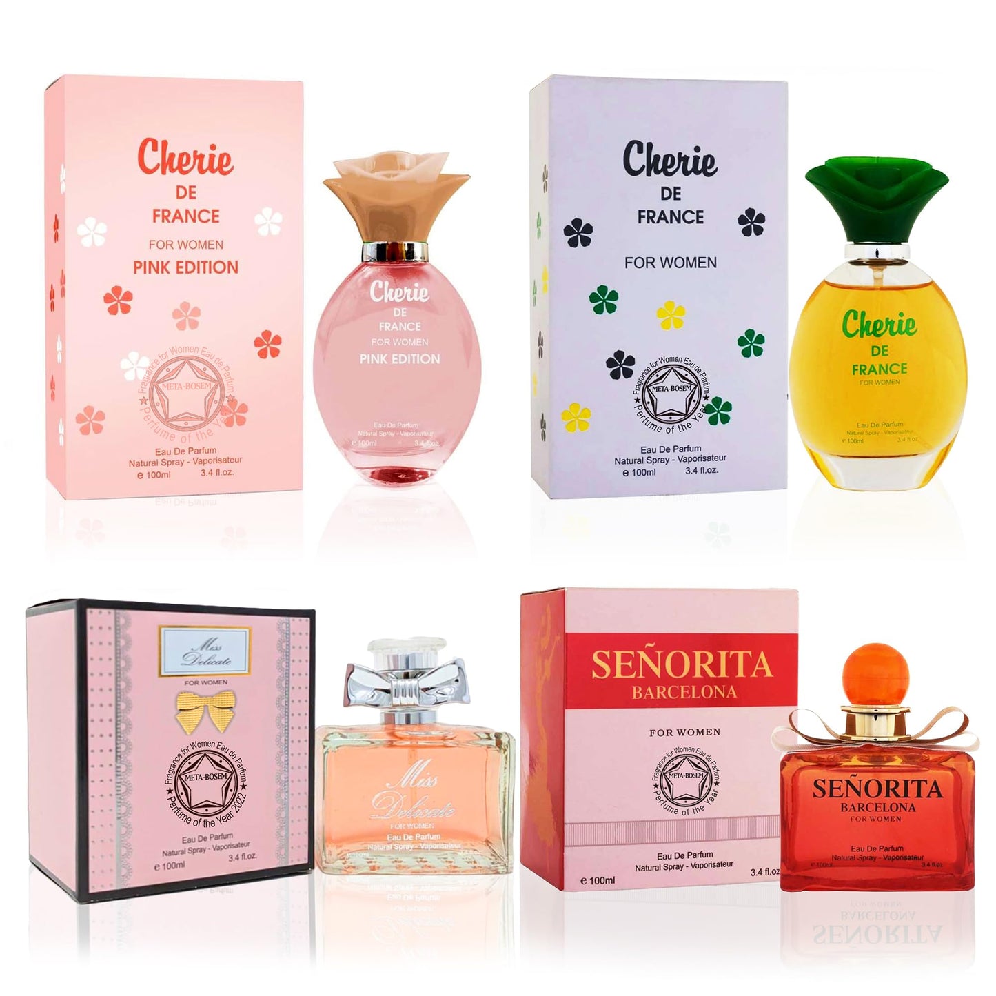 META-BOSEM Cherie&Senorita 4-Pc Perfume Set Collection for Women - Fragrance Bottles for Ladies, Eau de Parfum Spray - Sweet Floral Scent (Pack of 4) Each 3.4 Fl Oz, Total 13.60 Fl Oz