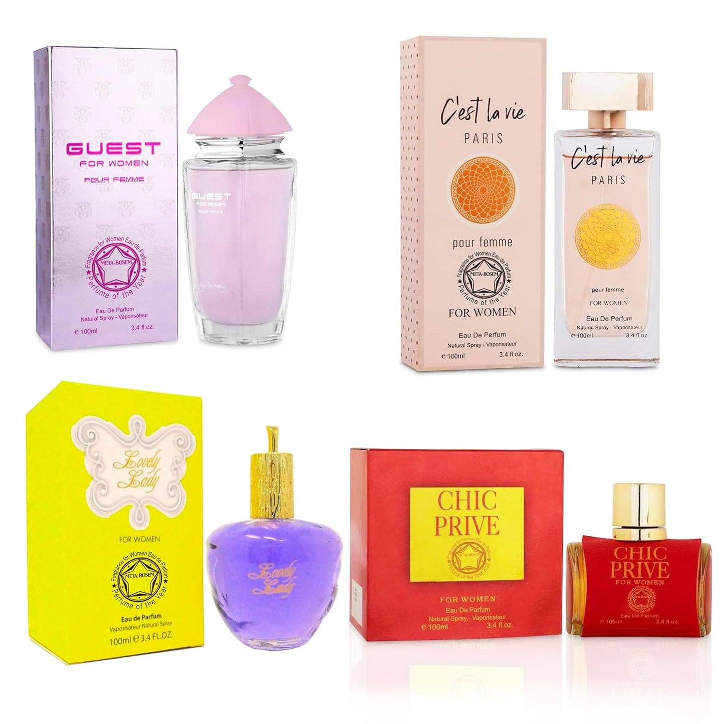 META-BOSEM 4-Pc (Guest for Women+Love in Paris+Lovely Lady+Ensemble Pour Toujours), Fragrance for Women Collection Bottle, Eau de Parfum - Fresh Scent (Pack of 4) Each 3.4 Fl Oz, Total 13.6 Oz
