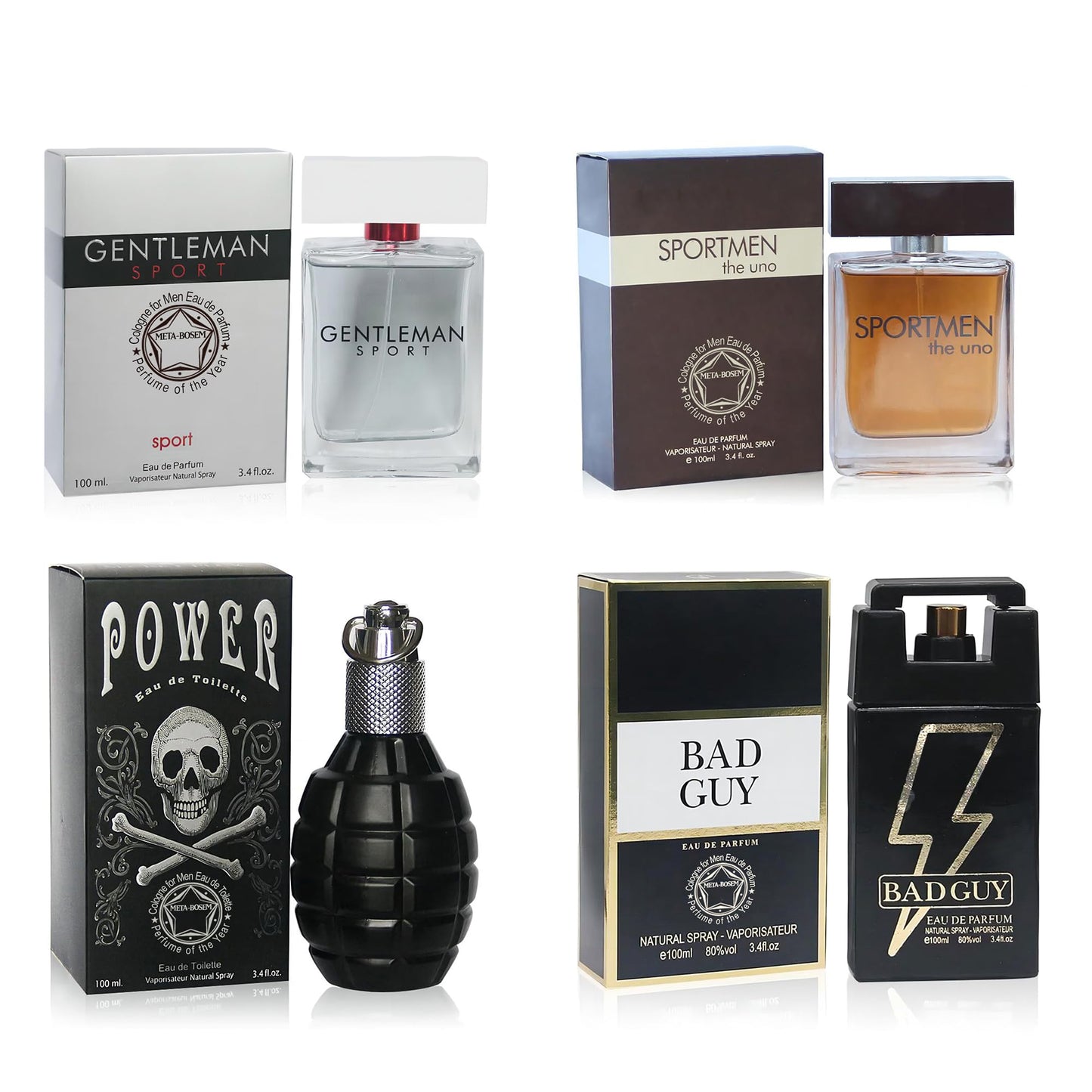 META-BOSEM 4Pc Set Cologne for Men (Gentleman Sport+Sportmen the Uno+Power+Bad Guy) Collection Fragrance, Eau de Parfum Spray - Masculine Scent (Pack of 4) Each 3.4 Fl Oz, Total 13.60 Oz