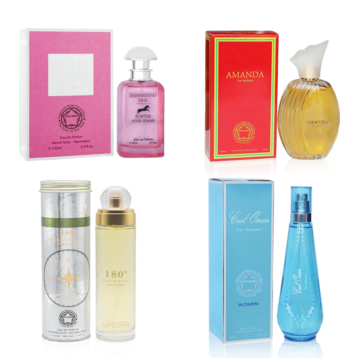 META-BOSEM 4-Pc Perfume Collection Fragrance for Women, Eau de Parfum Natural Spray - Fresh Scents (Pack of 4 - Shimmering Pink+Amanda+180 Pure Scent+Cool Ocean) Each 3.4 Fl Oz, Total 13.60 Oz