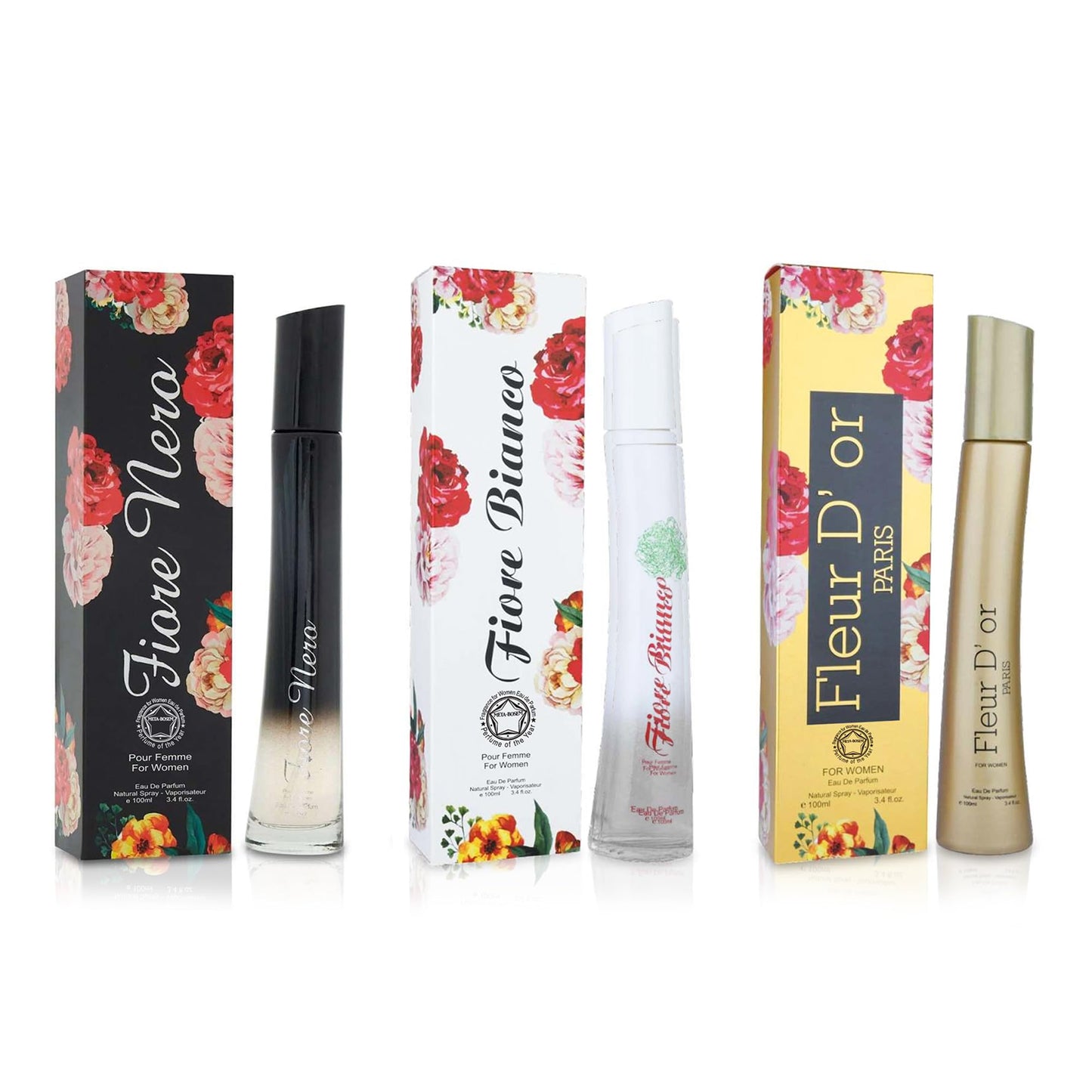 META-BOSEM Fiore Flower Perfume Set Collection for Women - White+Black+Red+Yellow Fragrance Bottles for Ladies, Eau de Parfum Spray - Rose Floral Scent (Pack of 3) Each 3.4 Fl Oz, Total 10.80 Fl Oz