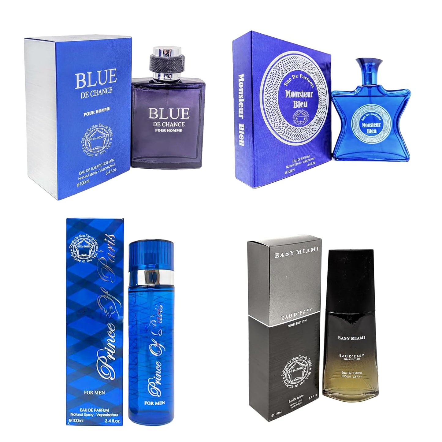 META-BOSEM 4Pc Set Cologne for Men (Blue De Chance+Monsieur Bleu+Prince+Easy Miami Black) Classic Collection Fragrance, Eau de Toilette Parfum Spray - Clean Scent - Holiday Gift (Pack of 4) Each 3.4 Fl Oz, Total 13.60 Oz
