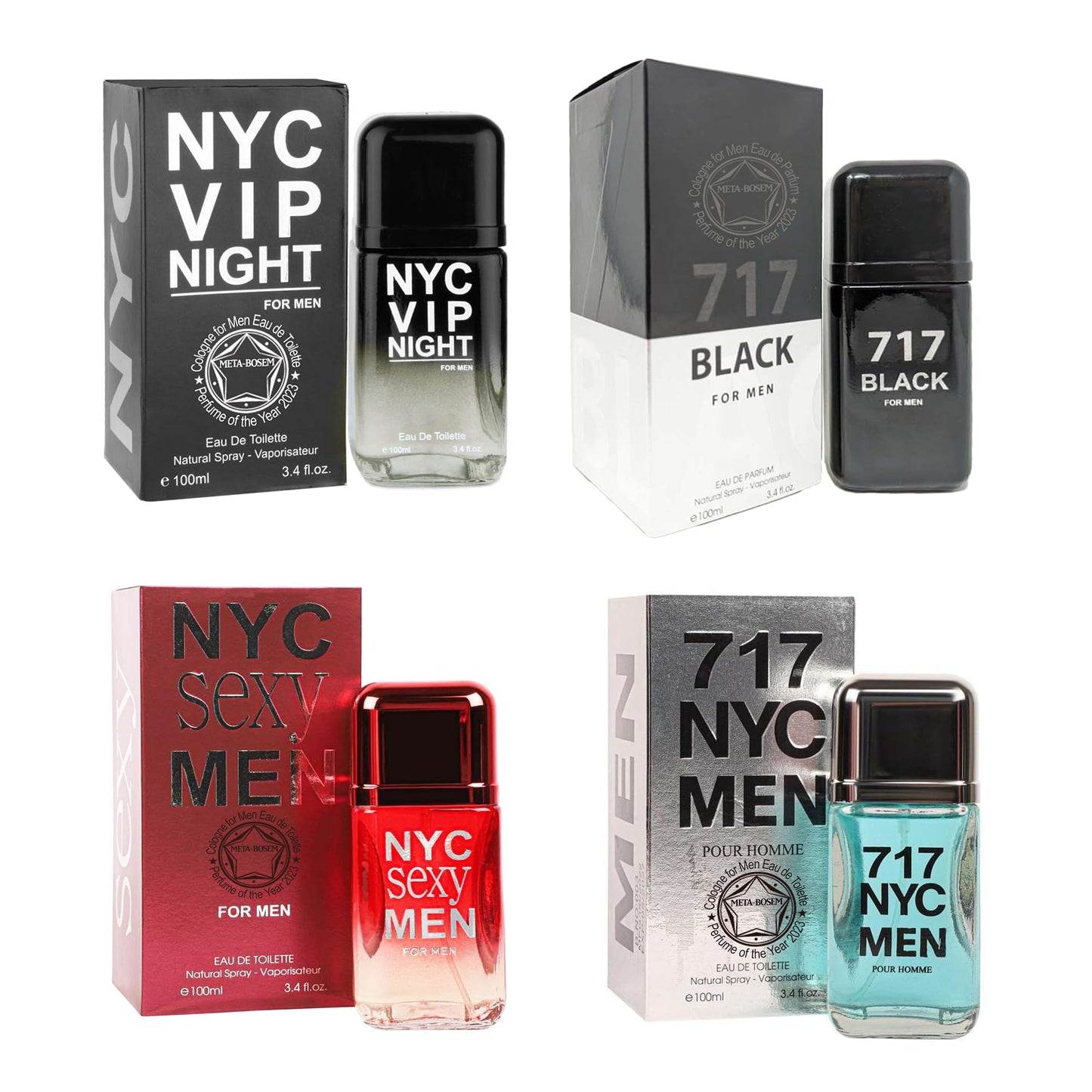 META-BOSEM NYC Men 4Pc Set Cologne for Men Collection Bottles, Eau de Toilette Natural Spray - Woody Notes - Holiday Gift (Pack of 4) Each 3.4 Fl Oz, Total 13.60 Oz