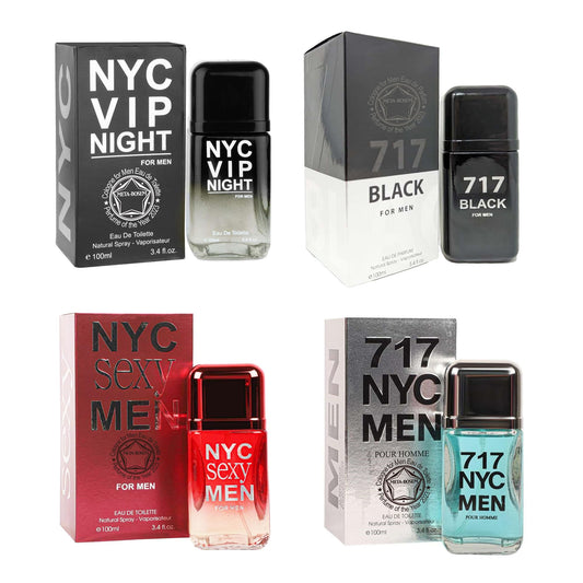 META-BOSEM NYC Men 4Pc Set Cologne for Men Collection Bottles, Eau de Toilette Natural Spray - Woody Notes - Holiday Gift (Pack of 4) Each 3.4 Fl Oz, Total 13.60 Oz