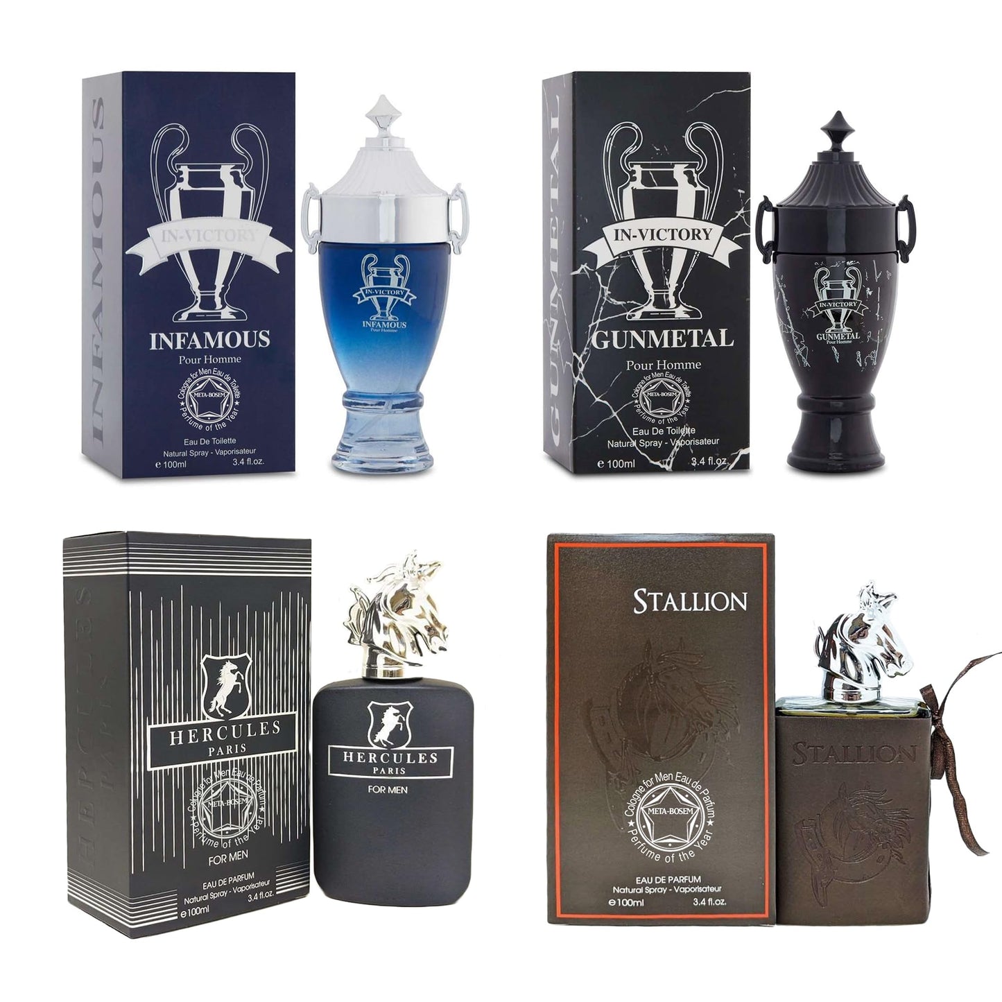 META-BOSEM 4Pc Set Cologne for Men (In-Victory Infamous&Gunmetal+Hecules+Stallion) Classic Collection Bottles, Eau de Toilette Spray - Masculine Scent - Holiday Gift (Pack of 4) Each 3.4 Fl Oz, Total 13.60 Oz