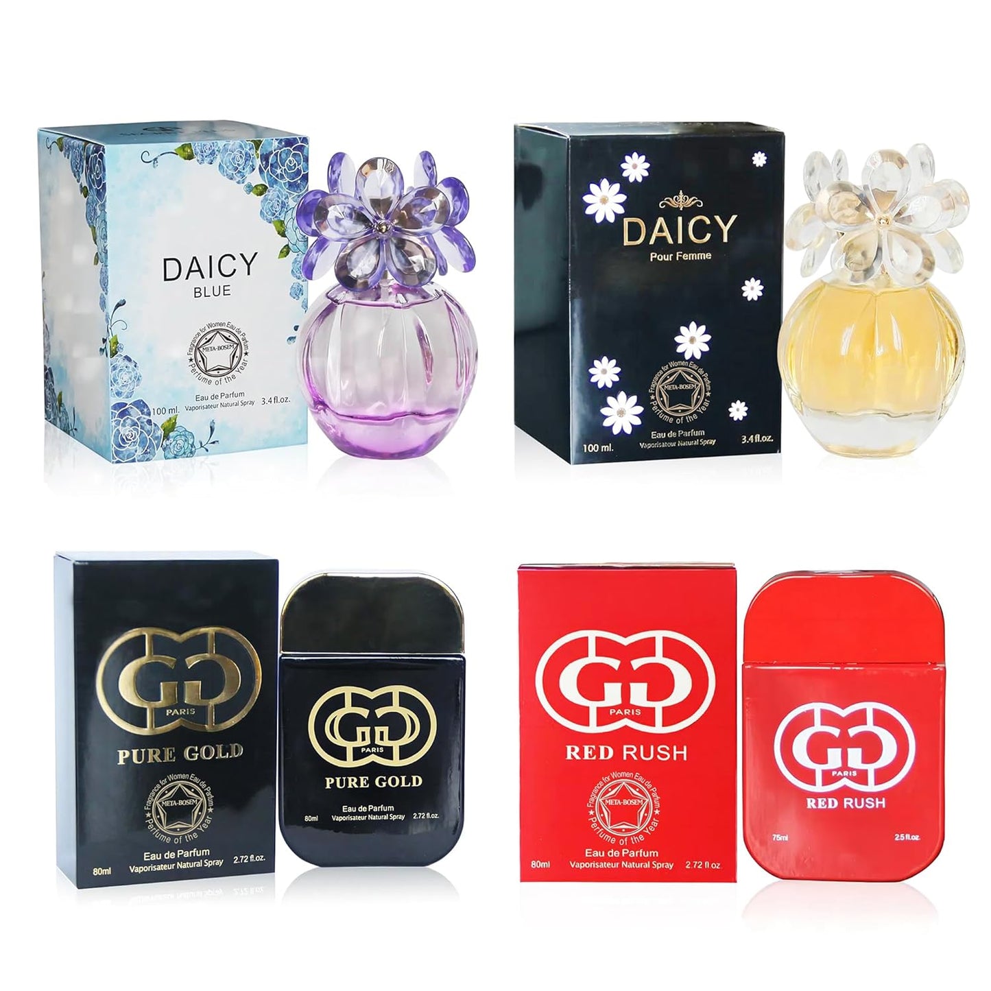 META-BOSEM 4-Pc Perfume Collection Fragrance for Women, Eau de Parfum Natural Spray - Floral Scents (Pack of 4 - Daise Blue+Daise Pour Femme+Pure Gold+Red Rush) Each 3.4 Fl Oz, Total 13.60 Oz