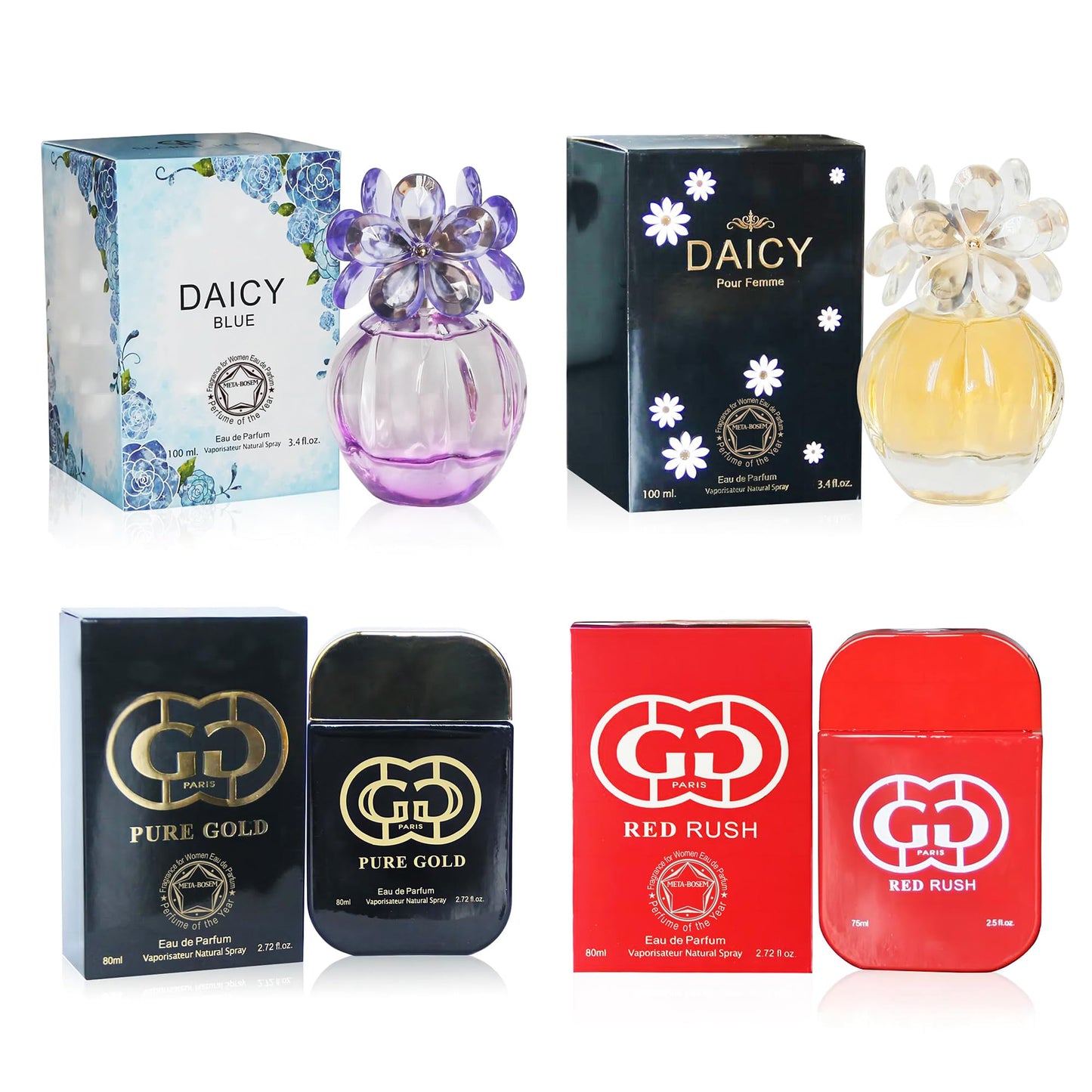 META-BOSEM 4-Pc Perfume Collection Fragrance for Women, Eau de Parfum Natural Spray - Floral Scents (Pack of 4 - Daise Blue+Daise Pour Femme+Pure Gold+Red Rush) Each 3.4 Fl Oz, Total 13.60 Oz