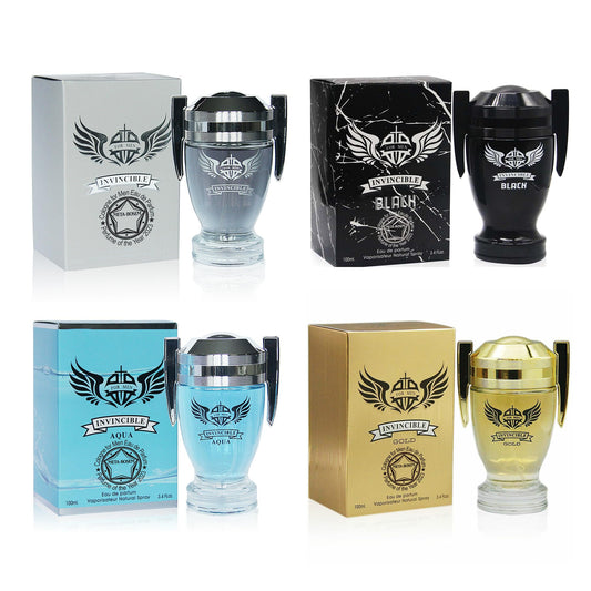 META-BOSEM Invincible 4-Pc Set Cologne for Men Classic Collection Bottles, Eau de Parfum Natural Spray - Fresh Aqua Scent - Gift for Holiday (Pack of 4) Each 3.4 Fl Oz, Total 13.60 Oz