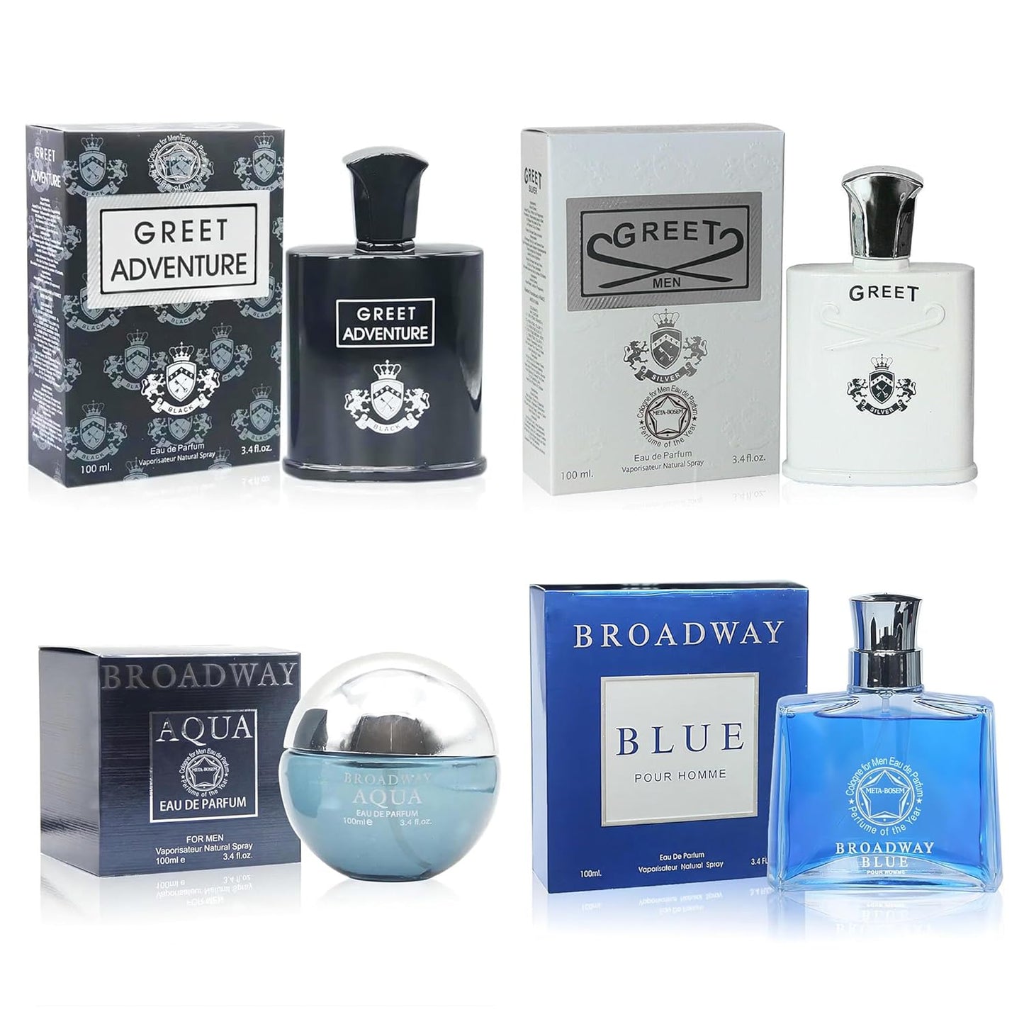 META-BOSEM 4Pc Set Cologne for Men (Greet+Greet Adventure+Broadway Aqua+Broadway Blue) Collection Fragrance, Eau de Parfum Spray - Masculine Scent (Pack of 4) Each 3.4 Fl Oz, Total 13.60 Oz
