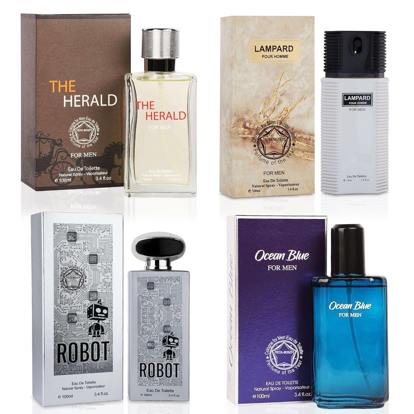 META-BOSEM The Herald+Lampard+Robot+Ocean Blue 4Pc Set Men's Cologne bottle Collection, Eau de Parfum Spray - Fresh Aquatic Scents - Holiday Gift (Pack of 4) Each 3.4 Fl Oz, Total 13.60 Oz