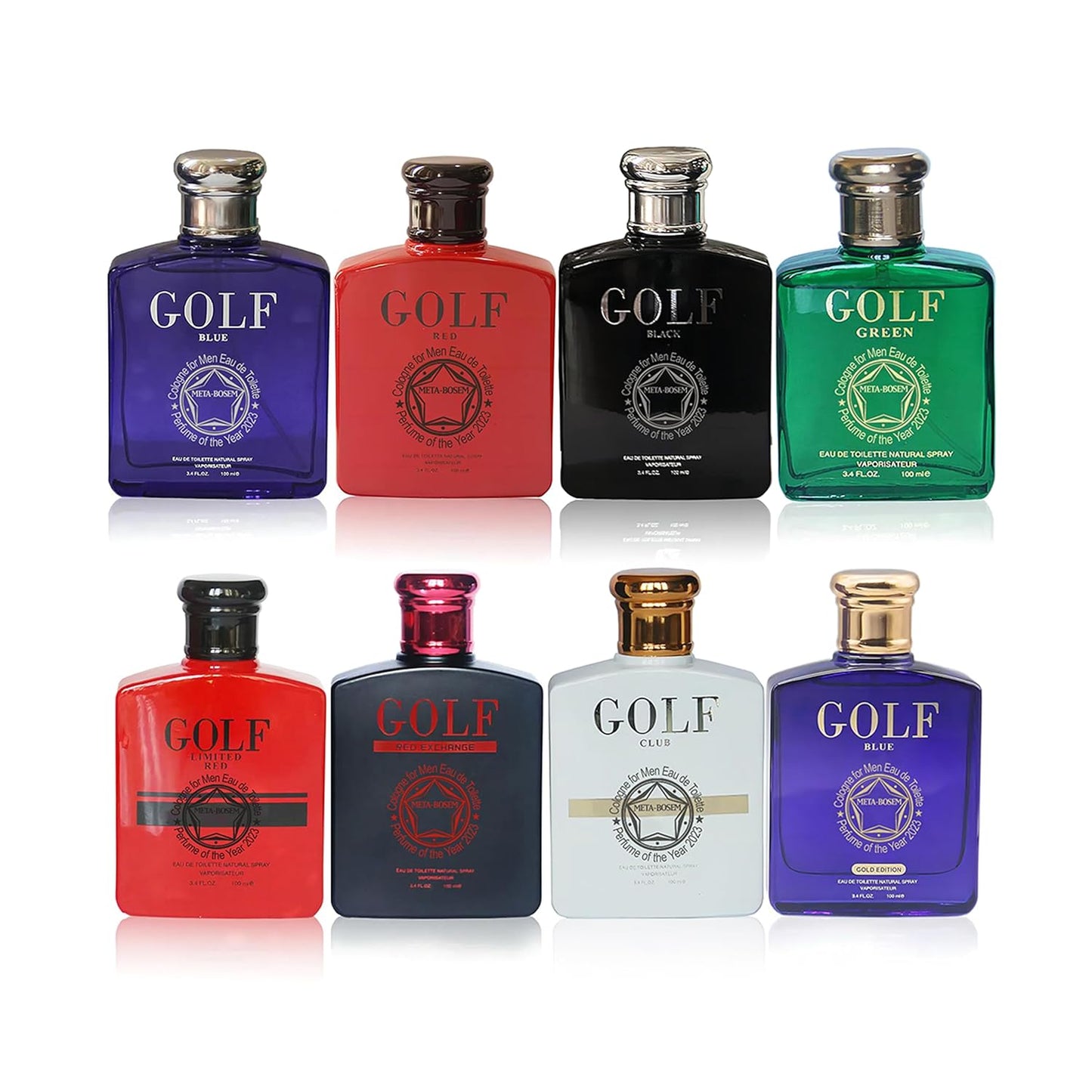 META-BOSEM Golf Red+Black+Blue+White 8-Pc Set Men's Cologne Collection, Eau de Toilette Natural Spray - Masculine Scent - Holiday Gift (Pack of 8) Each 3.4 Fl Oz, Total 27.20 Fl Oz