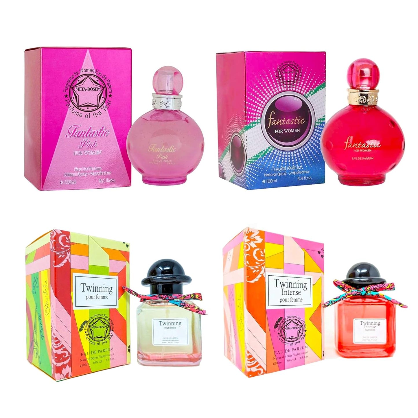 META-BOSEM 4-Pc (Fantastic+Fantastic Pink+Twinning+Twinning Intense), Fragrance for Women Collection Bottle, Eau de Parfum Natural Spray - Fresh Scent (Pack of 4) Each 3.4 Fl Oz, Total 13.6 Oz