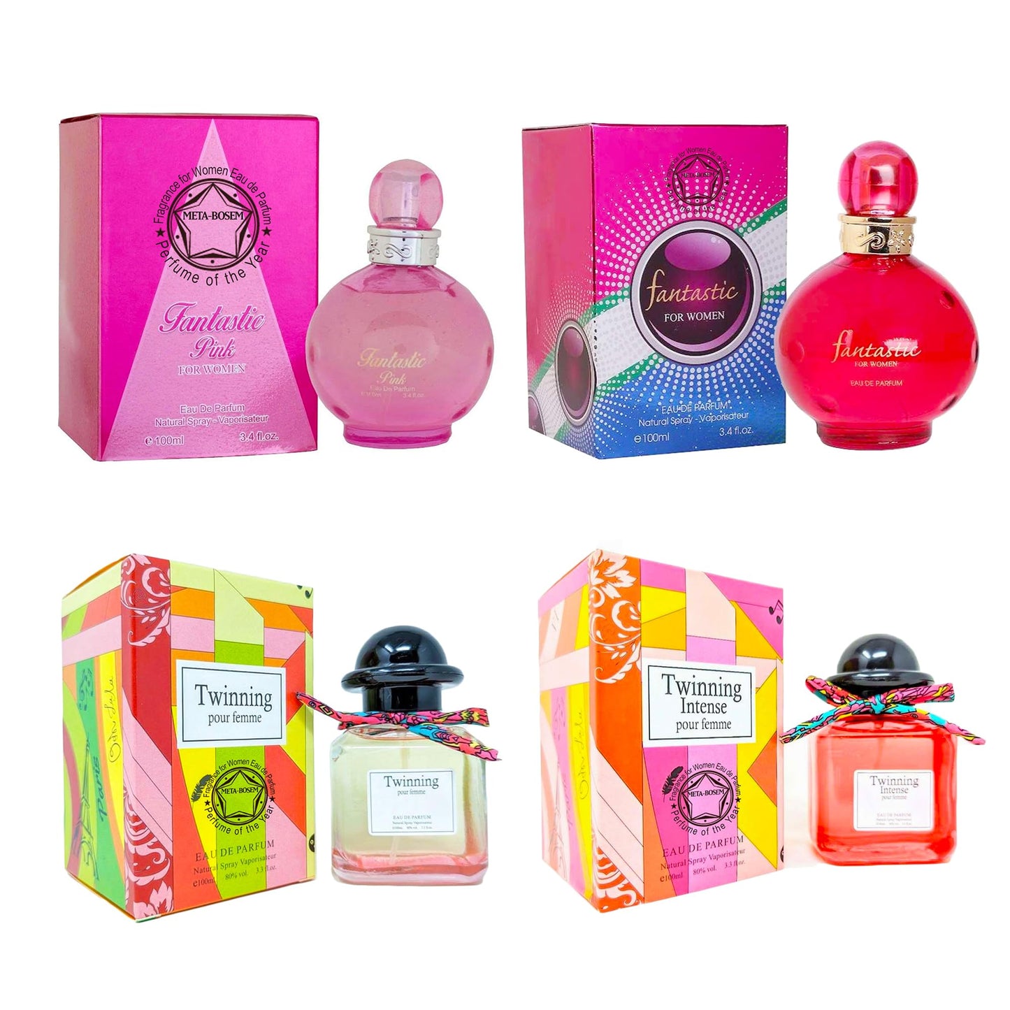 META-BOSEM 4-Pc (Fantastic+Fantastic Pink+Twinning+Twinning Intense), Fragrance for Women Collection Bottle, Eau de Parfum Natural Spray - Fresh Scent (Pack of 4) Each 3.4 Fl Oz, Total 13.6 Oz