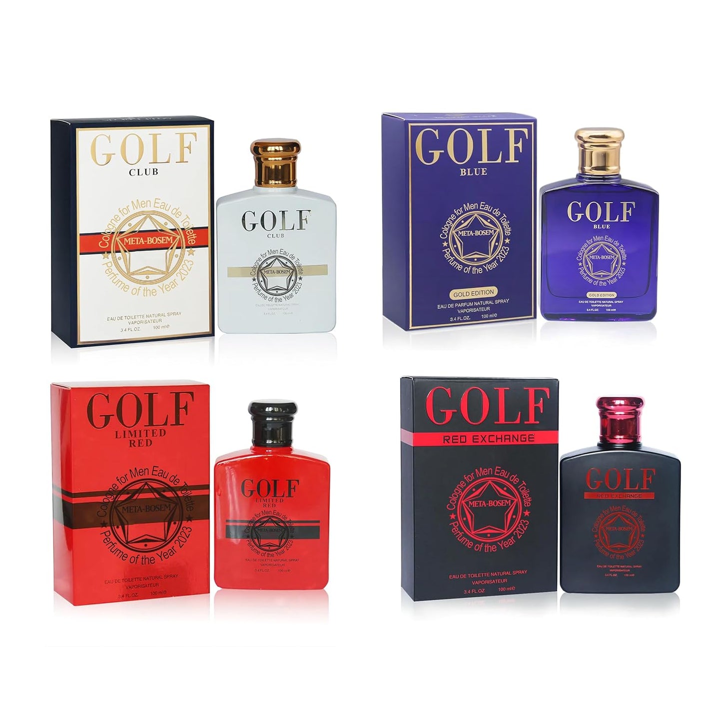 META-BOSEM Golf Red+Black+Blue+White 8-Pc Set Men's Cologne Collection, Eau de Toilette Natural Spray - Masculine Scent - Holiday Gift (Pack of 8) Each 3.4 Fl Oz, Total 27.20 Fl Oz