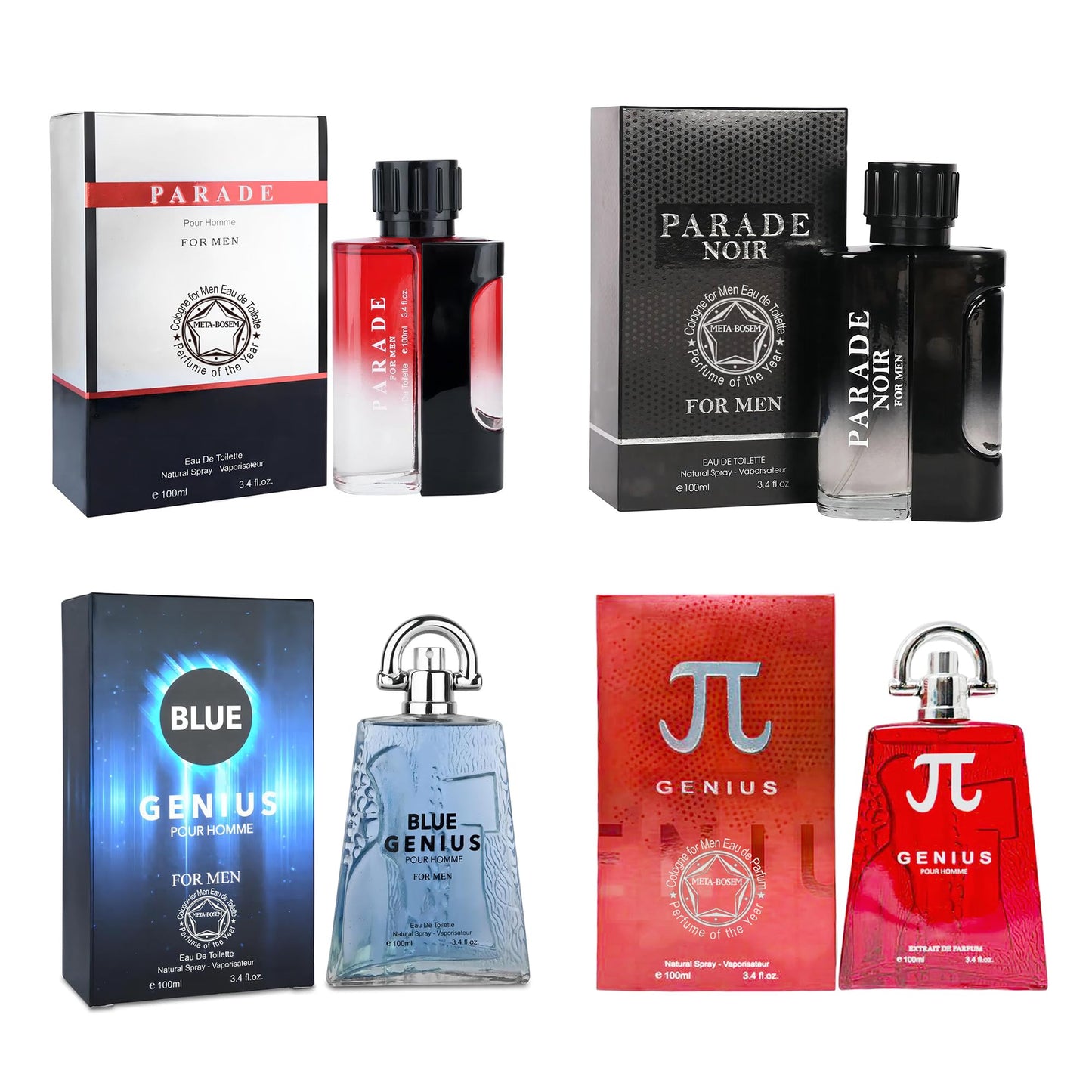 META-BOSEM 4Pc Set Cologne for Men (Parade+Parade Noir+Genius Red&Blue) Classic Collection Bottles, Eau de Toilette Natural Spray - Woody Scent - Holiday Gift (Pack of 4) Each 3.4 Fl Oz, Total 13.60 Oz