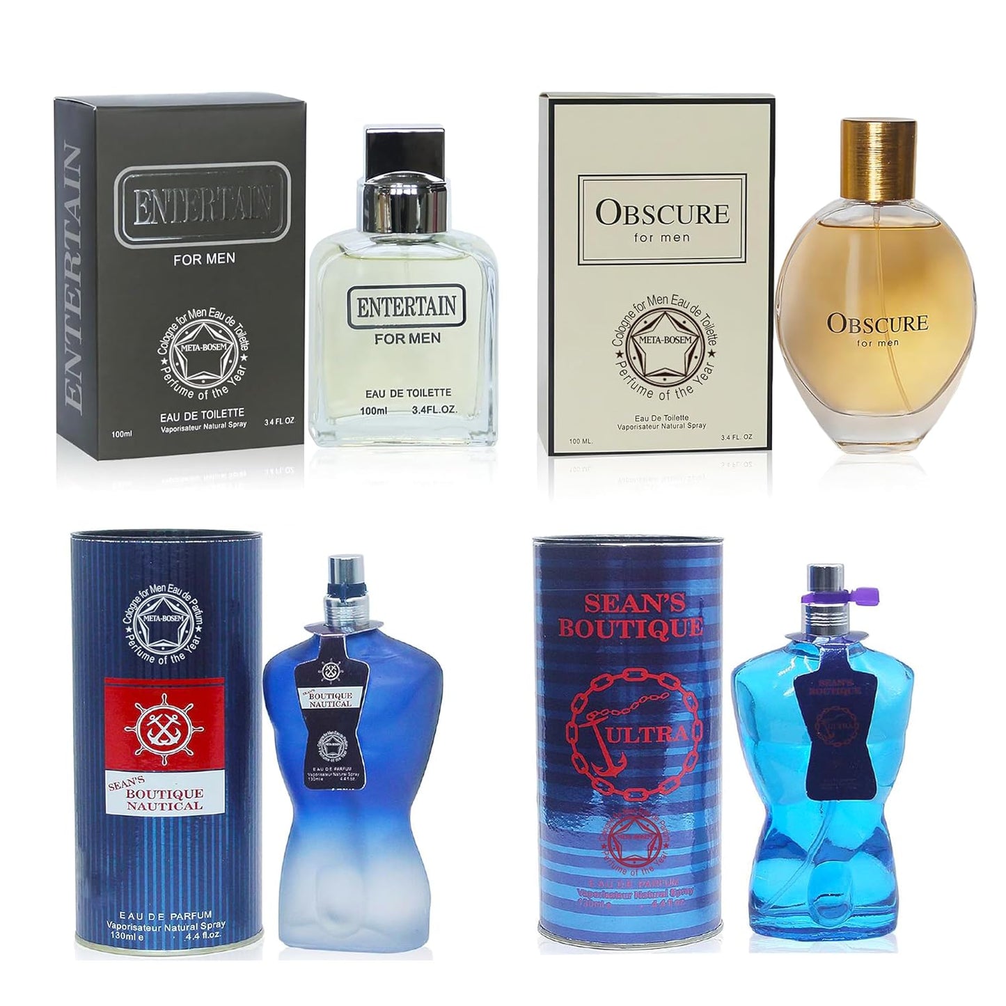 META-BOSEM 4Pc Set Cologne for Men (Intertain+Obsscure+Sean Bouticque Natical+Altra) Collection Fragrance, Eau de Toilette Spray - Masculine Scent (Pack of 4) Each 3.4 Fl Oz, Total 13.60 Oz