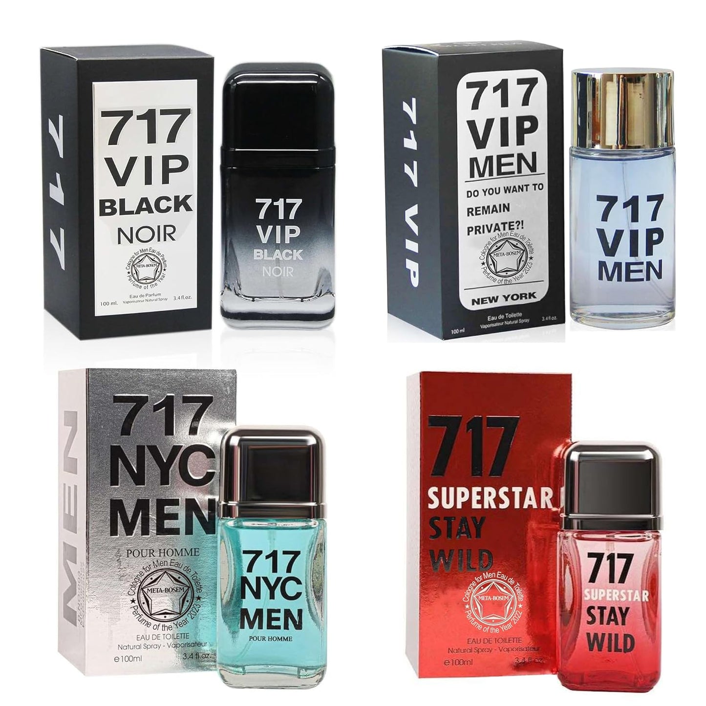 META-BOSEM 4Pc Set Men Cologne Collection Bottle (VIP Black Noir+NYC+VIP Men+Red Wild), Eau de Toilette Natural Spray - Fresh Woody Scents - Holiday Gift (Pack of 4) Each 3.4 Fl Oz, Total 13.60 Oz