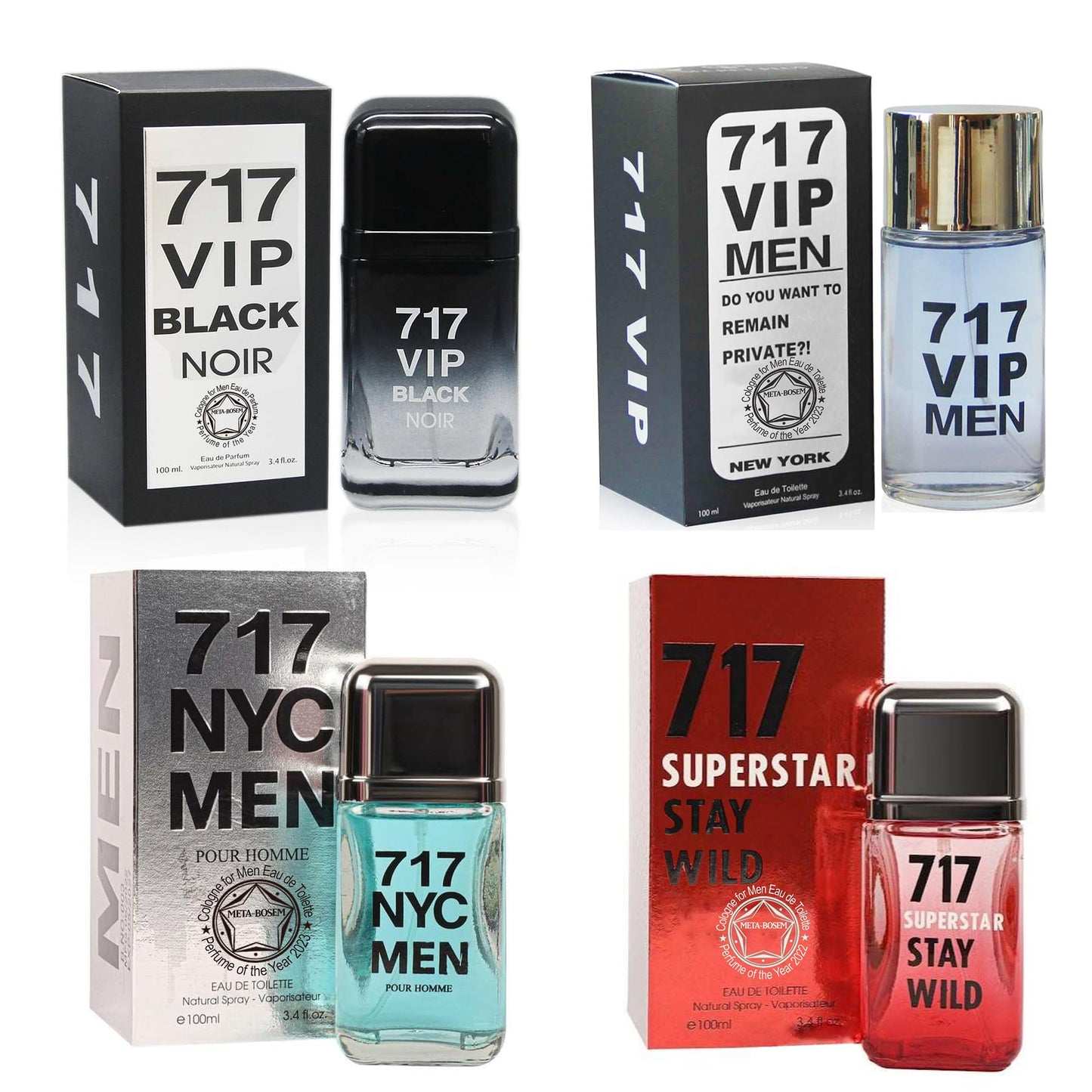 META-BOSEM 4Pc Set Men Cologne Collection Bottle (VIP Black Noir+NYC+VIP Men+Red Wild), Eau de Toilette Natural Spray - Fresh Woody Scents - Holiday Gift (Pack of 4) Each 3.4 Fl Oz, Total 13.60 Oz